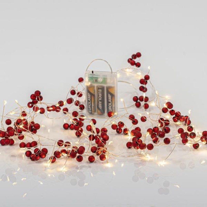 LINE, 72 MINI LED, WITH RED BERRY 1,2cm, BATTERY 3xAA , WITH TIMER, SILVER COPPER WIRE, WARM WHITE LED, PER 10cm, LEAD WIRE 50cm, IP20 600-11453