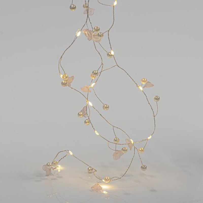LINE, 20 MINI LED, WITH ACRYLIC FLOWERS AND PEARLS, BATTERY BOX 2xAA, TIMER, SILVER COPPER WIRE, WARM WHITE LED, PER 7,5cm, LEAD WIRE 50cm, IP20 600-11479