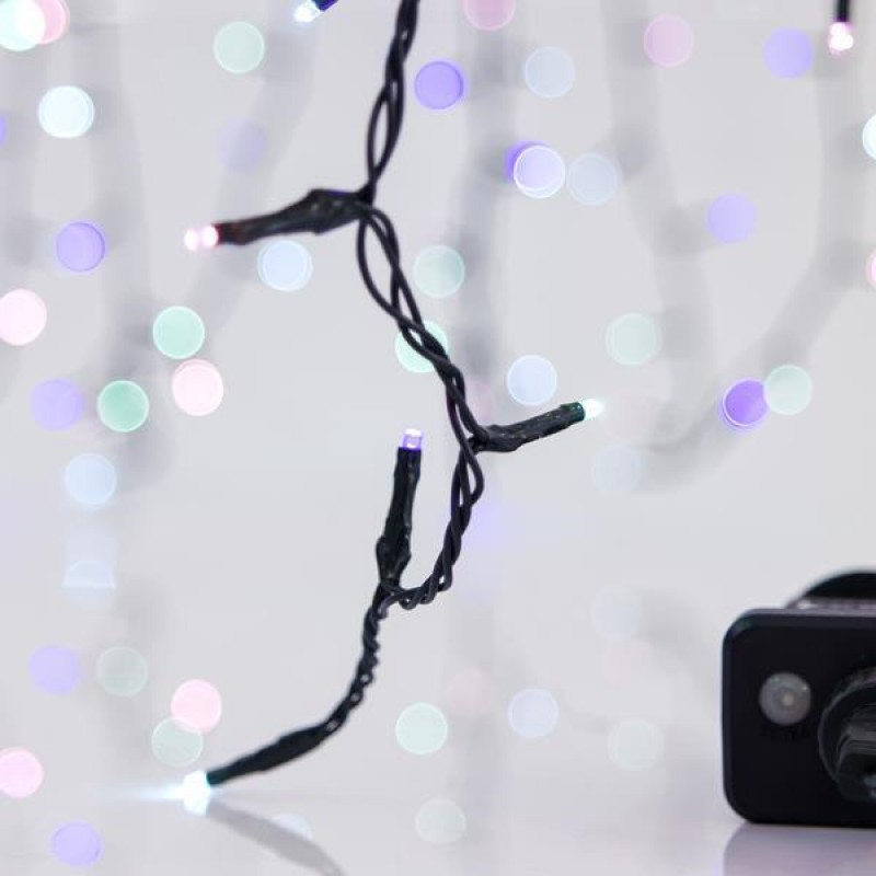 LINE, 100 LED 3mm, 31V ADAPTOR WITH 8 MULTIFUNCTIONS, GREEN WIRE, OPAL MULTICOLORED LED PER 5cm, LEAD WIRE 3m, IP44 600-11507