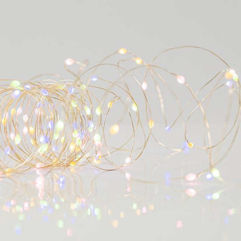 LINE, 50 MINI LED, BATTERY BOX 3xAA WITH 11 MULTIFUNCTIONS, SILVER COPPER WIRE, MULTI OPAL-WARM WHITE LED PER 10cm, LEAD WIRE 10cm, IP44 600-11799