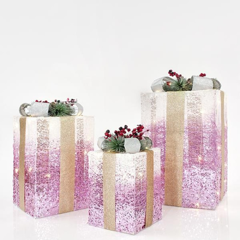 LIGHTED GIFT BOXES, WITH WHITE-PINK THREAD, SET 3pcs, 20cm/30cm/38cm 600-31025