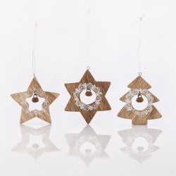 WOODEN ORNAMENTS, WITH BELL AND WHITE DETAILS, IN 3 DESIGNS, 8-9cm 600-40601