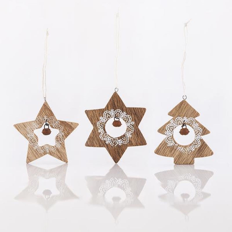 WOODEN ORNAMENTS, WITH BELL AND WHITE DETAILS, IN 3 DESIGNS, 8-9cm 600-40601