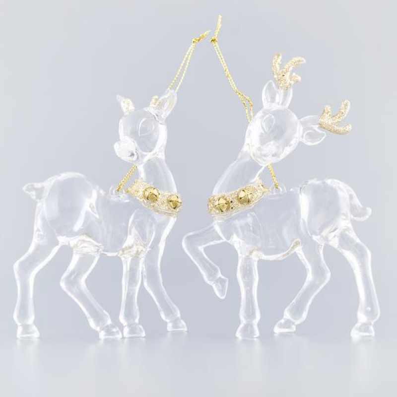ACRYLIC REINDEER WITH GOLD GLITTER AND GOLD METAL BELL, 2 DESIGN 10,2X0,7X12,7cm, PRICE PER PIECE 600-40680