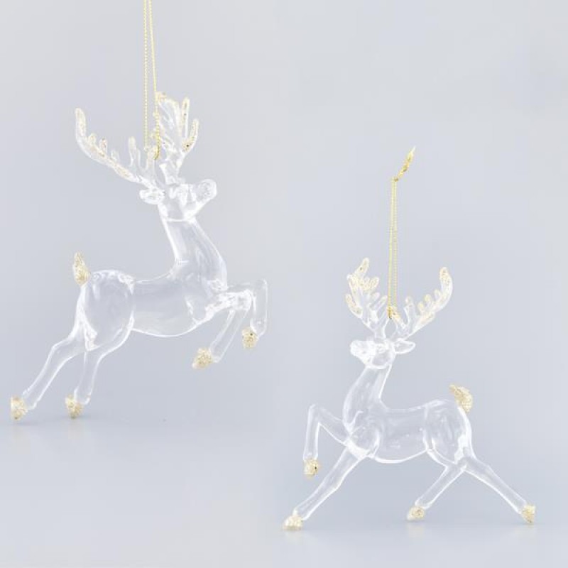 ACRYLIC REINDEER WITH GOLD GLITTER AND GOLD METAL BELL, 2 DESIGN, 12,7x2,21x12,7cm 600-40681