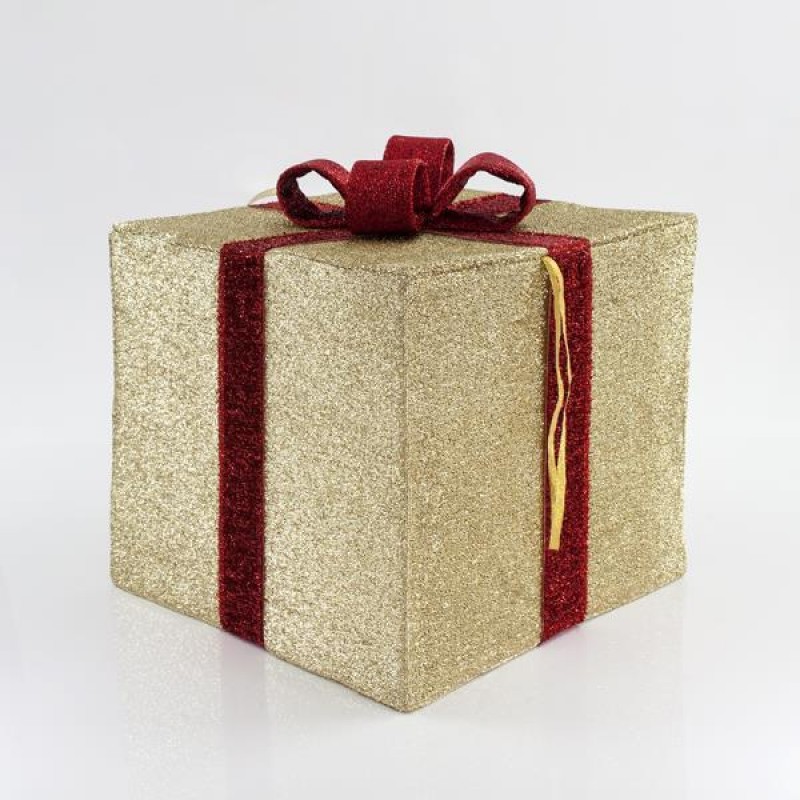 FABRIC GIFT BOX, GOLD WITH RED RIBBON, 50cm 600-40838