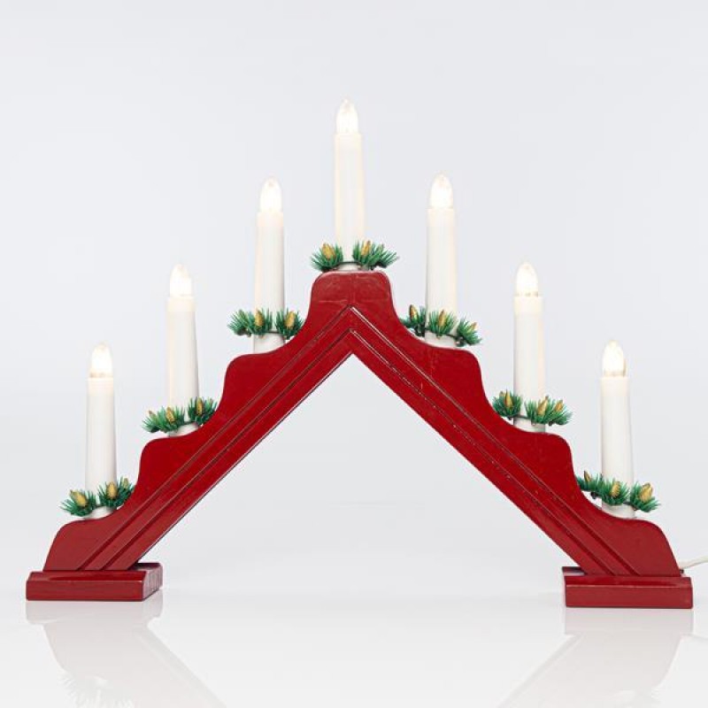 RED WOODEN CANDLESTICK, WITH 7 WHITE CANDLES, WARM WHITE, 39x4,8x30cm 600-41603