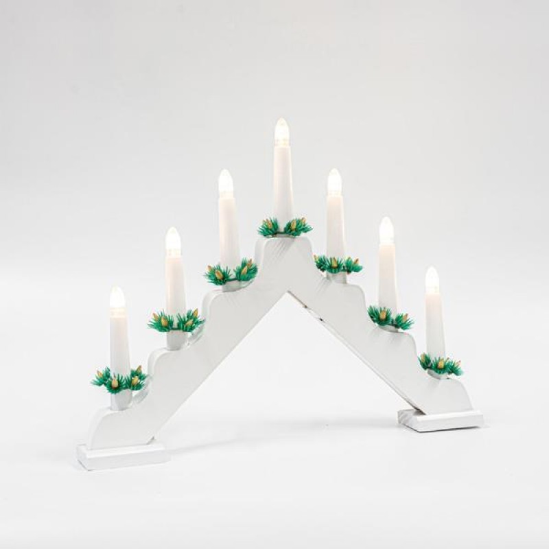 WHITE WOODEN CANDLESTICK, 230V, WITH 7 WHITE CANDLES, WARM WHITE, 39x4,8x30cm 600-41608