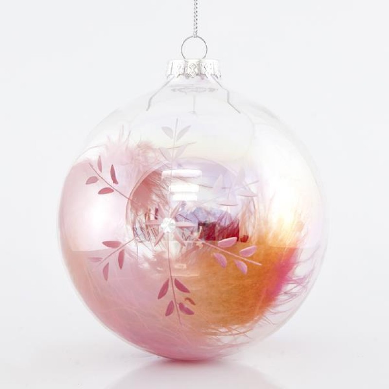 TRANSPARENT IRIDESCENT GLASS BALL, WITH RED FEATHER INSIDE, SET 4PCS, 10cm 600-42314