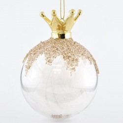 TRANSPARENT GLASS BALL, WITH CROWN ON TOP AND FEATHER INSIDE, SET 2PCS, 10cm 600-42328