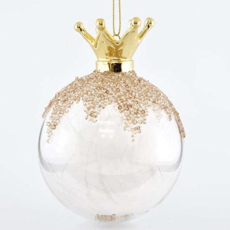 TRANSPARENT GLASS BALL, WITH CROWN ON TOP AND FEATHER INSIDE, SET 2PCS, 10cm 600-42328