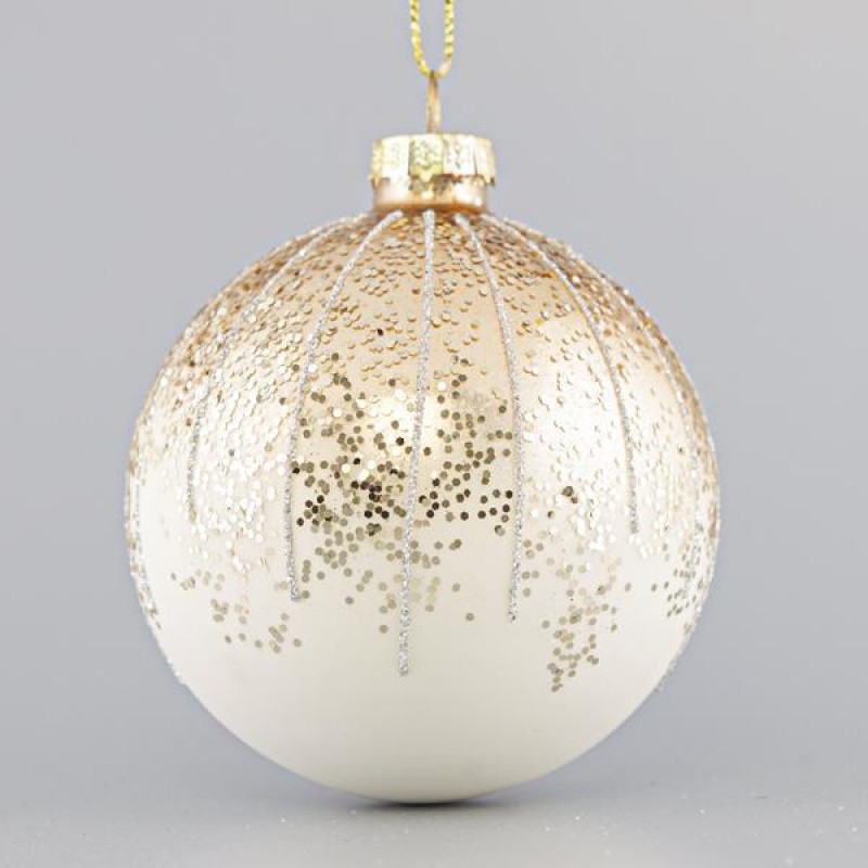 GLASS WHITE BALL, WITH GOLD GLITTER ON TOP, SET 4PCS, 8cm 600-42425