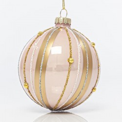 GLASS PINK BALL, WITH ROSE GOLD LINES, SET 4PCS, 8cm 600-42441