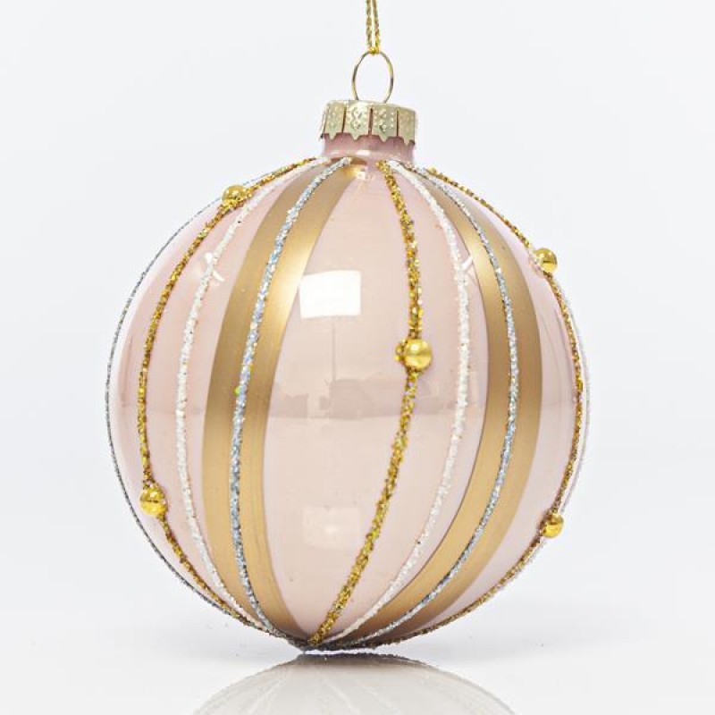 GLASS PINK BALL, WITH ROSE GOLD LINES, SET 4PCS, 8cm 600-42441