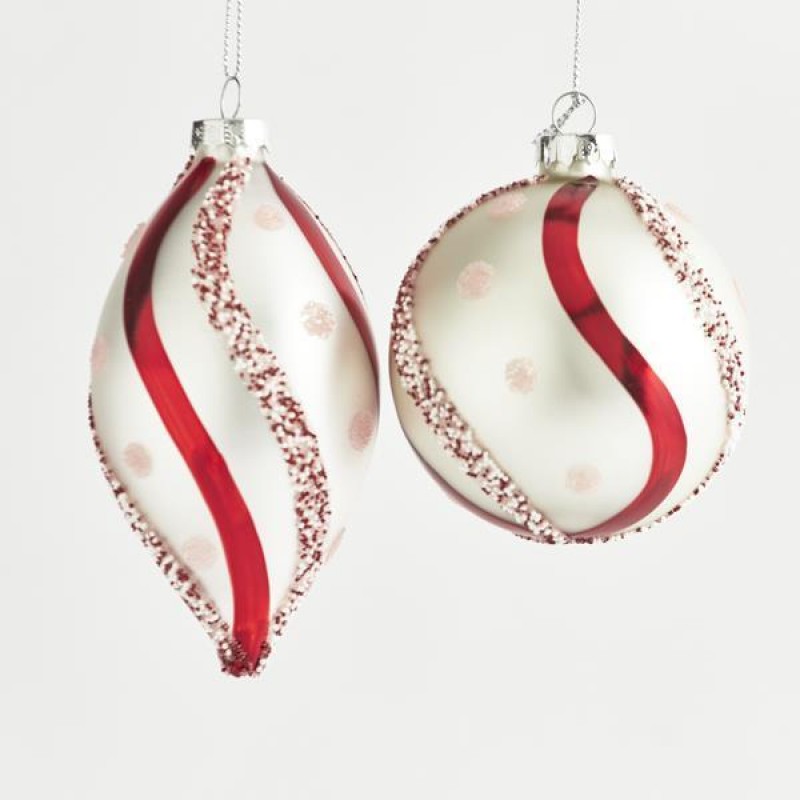 GLASS ORNAMENT, SILVER PEARL WITH RED DESIGNS, 3 SHAPES, SET 4PCS, 8CM/6x13CM 600-42809