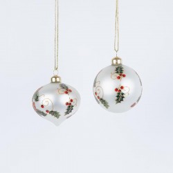 GLASS ORNAMENT, WITH PAINTED MISTLETOE, IN 2 SHAPES, SET 4PCS, 8cm 600-42860