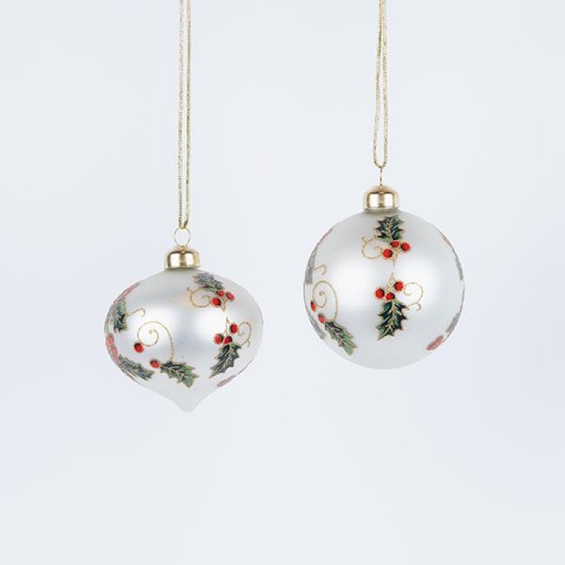 GLASS ORNAMENT, WITH PAINTED MISTLETOE, IN 2 SHAPES, SET 4PCS, 8cm 600-42860