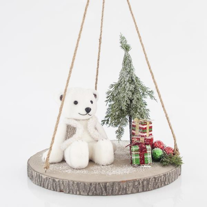 HANGING DECORATIVE IN WOODEN BASE, WITH BEAR, CYPRESS AND GIFT BOXES, 38x36cm 600-43237