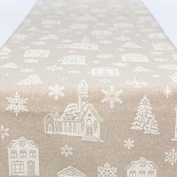 TABLE RUNNER, BEIGE WITH WHITE HOUSES, 35x150cm 600-43280