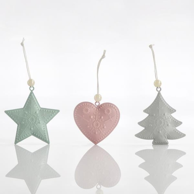 METALLIC ORNAMENT, DESINGS, TREE - STAR - HEART, SET 3PCS, 7,5x7,5x1cm 600-43901