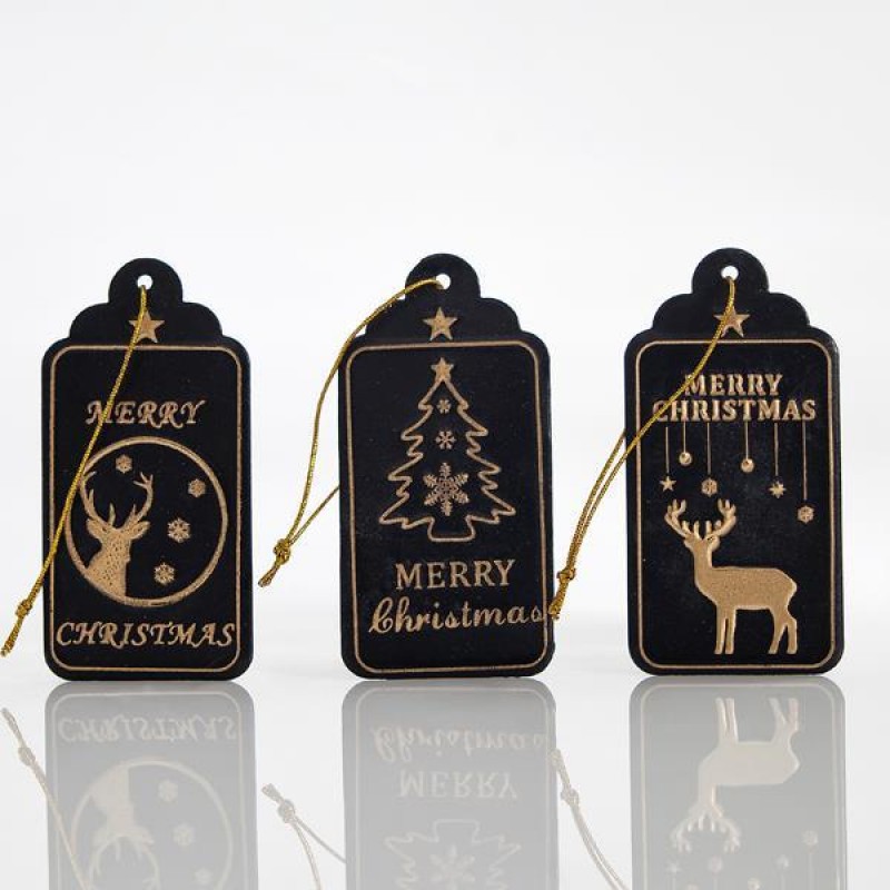 SET 12 METALLIC ORNAMENT, BLACK - GOLD, 3 DESINGS, 8x4x0,1cm 600-43905