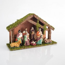 WOODEN STABLE WITH 9 PORCELAIN FIGURES, 35x12x22cm 600-44530