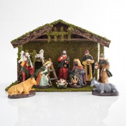 WOODEN STABLE WITH 9 PORCELAIN FIGURES, 54x22x36,5cm 600-44533