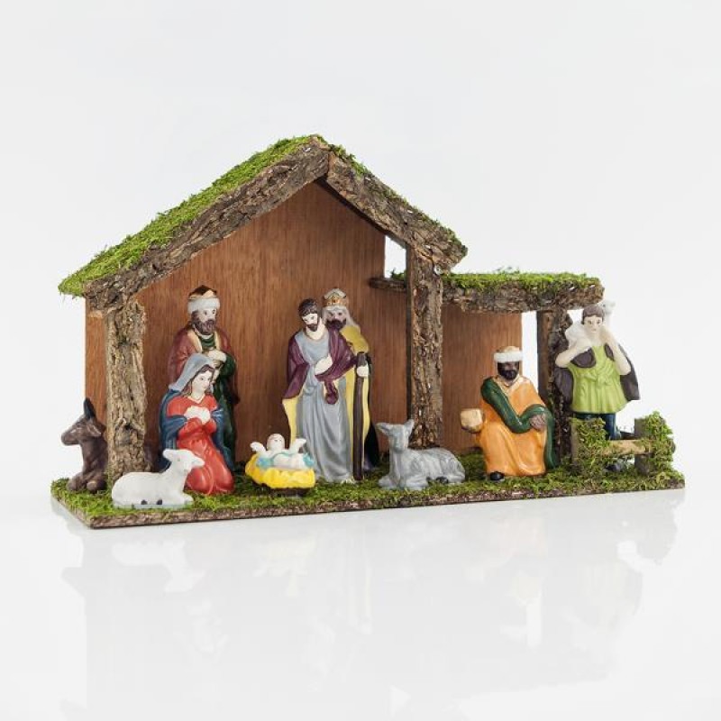 WOODEN MANGER WITH 10 PORCELAIN FIGURES, 40x15x24cm 600-44539