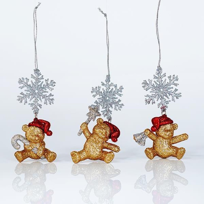 ACRYLIC ORNAMENT, GOLD BEAR WITH SNOWFLAKE, WITH GLITTER, 6x9,8cm 600-44617