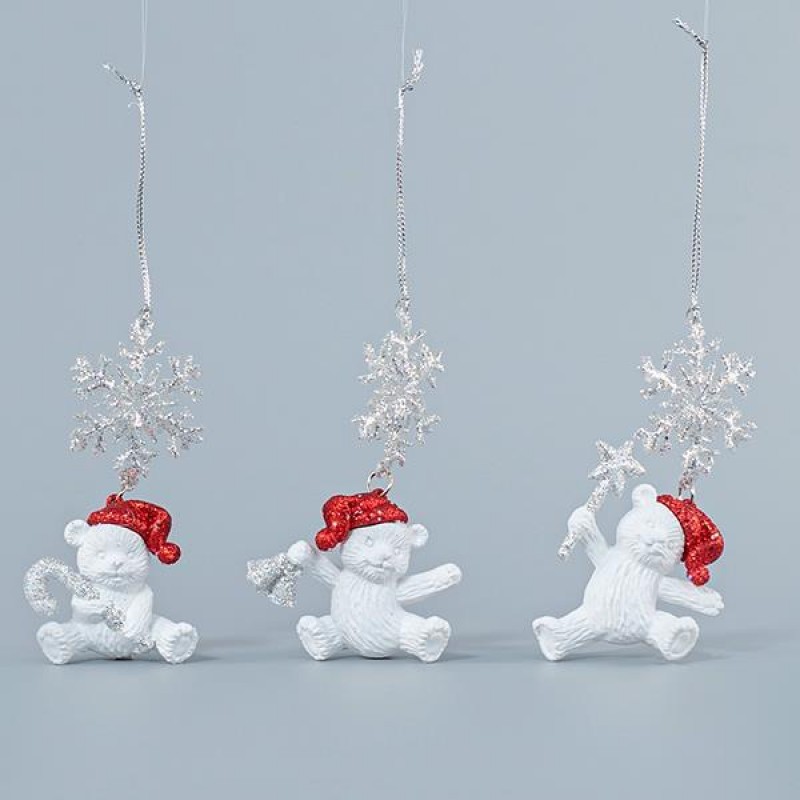 ACRYLIC ORNAMENT, WHITE BEAR WITH SNOWFLAKE, WITH GLITTER, 6x9,8cm 600-44618