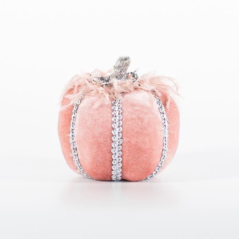 VELVET PUMPKIN, PINK, WITH PINK FEATHERS, 8x8cm 600-44689