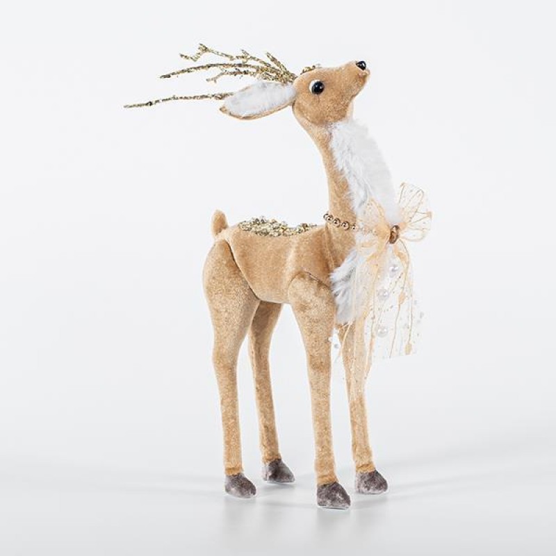 VELVET DEER, WITH GOLD GLITTER, RIBBON AND BEADS, 13x29cm 600-44695