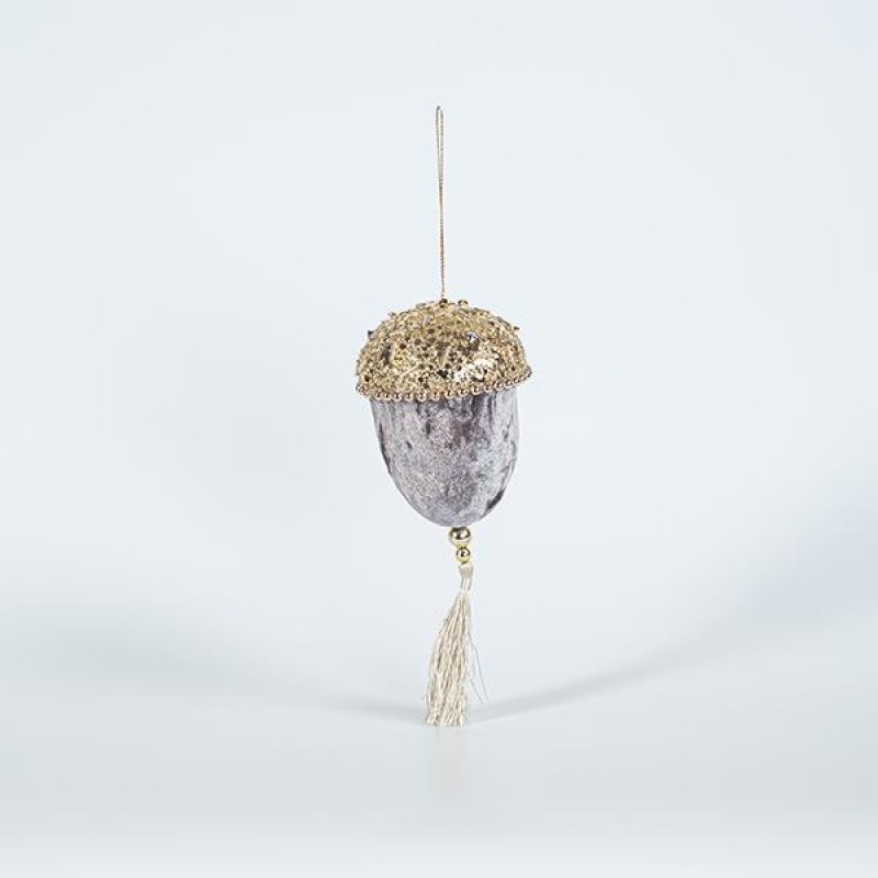 VELVET HANGING ACORN, GREY, WITH GLITTER, 8x20cm 600-44720