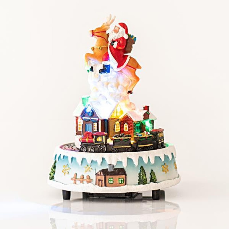 SANTA ON REINDEER, WITH TRAIN, 7 LED, WITH ADAPTOR, WITH MUSIC AND MOVEMENT, 14,5x14,5x20,5cm 600-44807