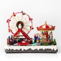 AMUSEMENT PARK, WITH WHEEL AND CAROUSSEL, WITH TRANSFORMER, 68 LED, WITH MUSIC AND MOVEMENT, 40x27x30,5cm 600-44809