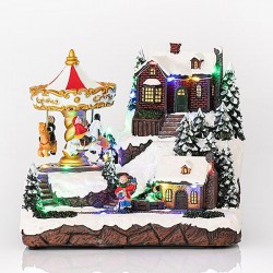 CHRISTMAS VILLAGE WITH CAROUSSEL, 24 LED, WITH TRANSFORMER, WITH MUSIC AND MOVEMENT,  22,5x15,5x20,5cm 600-44810