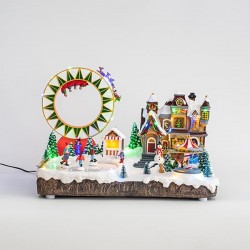 SNOWY VILLAGE, WITH CAROUSSEL AND ICE RING, 30 LED, WITH ADAPTOR, WITH MUSIC AND MOVEMENT, 48x29x29cm 600-44841