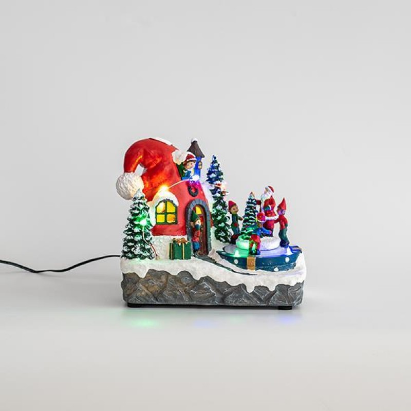 ELF HOUSE WITH SANTA HAT, 7 LED, WITH ADAPTOR, WITH MOVEMENT, 21x14x19cm 600-44844