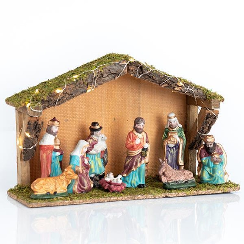 LIGHTED WOODEN MANGER WITH 9 PORCELAIN FIGURES, 20 LED, BATTERY OPERATED, 35x12x23cm 600-44849