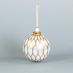 GLASS BALL, WHITE WITH GOLD DESIGNS, 10cm, PCS 1 600-44862
