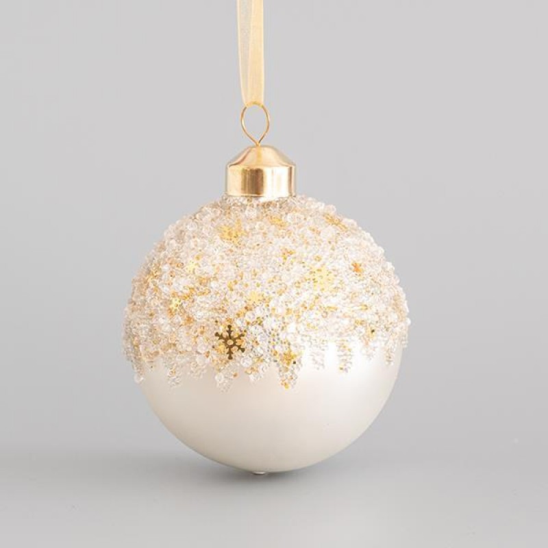 GLASS BALL, WITH STONES, OFF WHITE, 8cm 600-44909