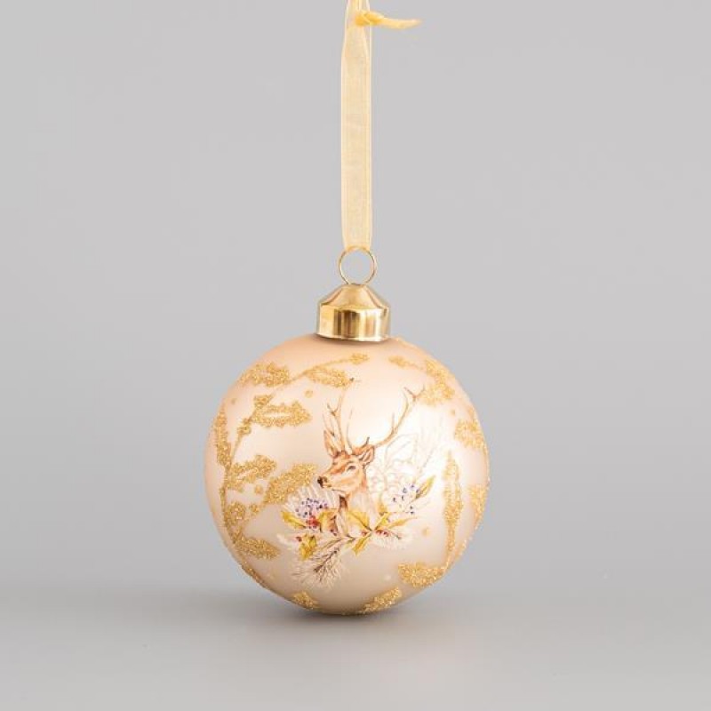 GLASS BALL, CHAMPAGNE, WITH REINDEER, 8cm 600-44911
