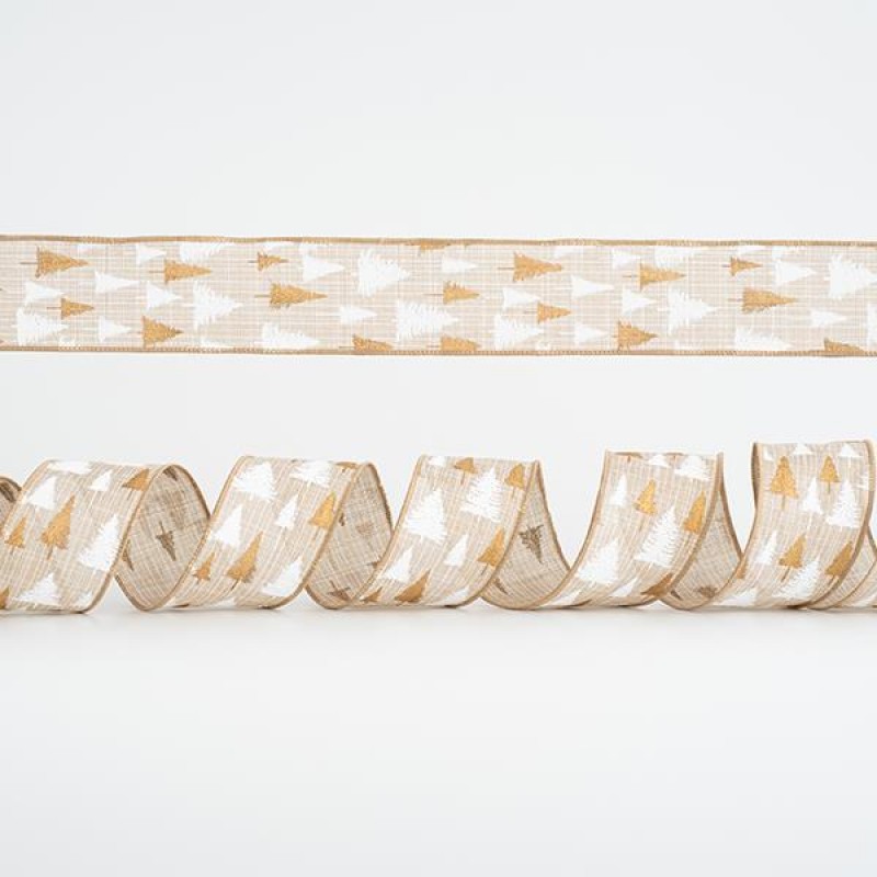 BEIGE RIBBON, WITH WHITE AND GOLD TREES, 6,35cm, 10Y 600-44965