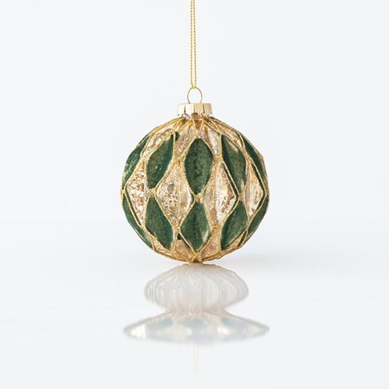 GLASS BALL, GREEN, WITH GOLD GLITTER, SET 4PCS, 8cm 600-45038