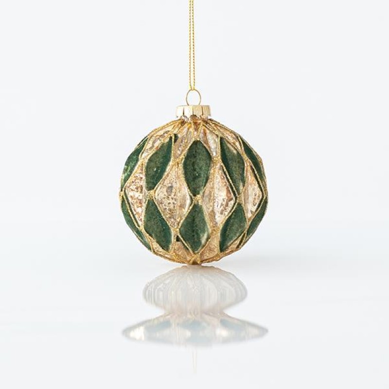 GLASS BALL, GREEN, WITH GOLD GLITTER, SET 4PCS, 10cm 600-45039