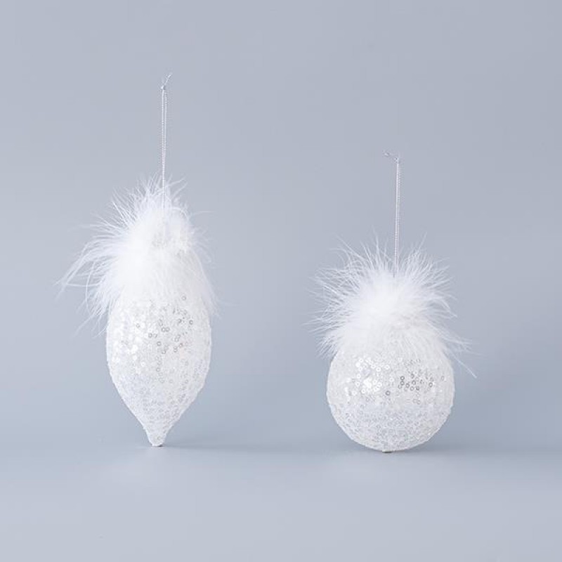 GLASS ORNAMENT, WHITE WITH FEATHERS AND SEQUINS, IN 2 SHAPES, SET 4PCS, 8cm 600-45051