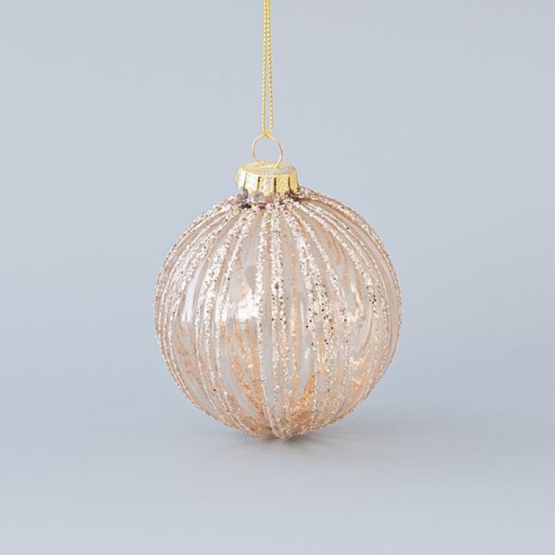 GLASS BALL, CHAMPAGNE, GLITTER LINES, SET 4PCS, 8cm 600-45070