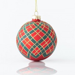 GLASS BALL, RED MATTE, WITH GREEN DESINGS AND GOLD GLITTER, SET 4PCS, 8cm 600-45075