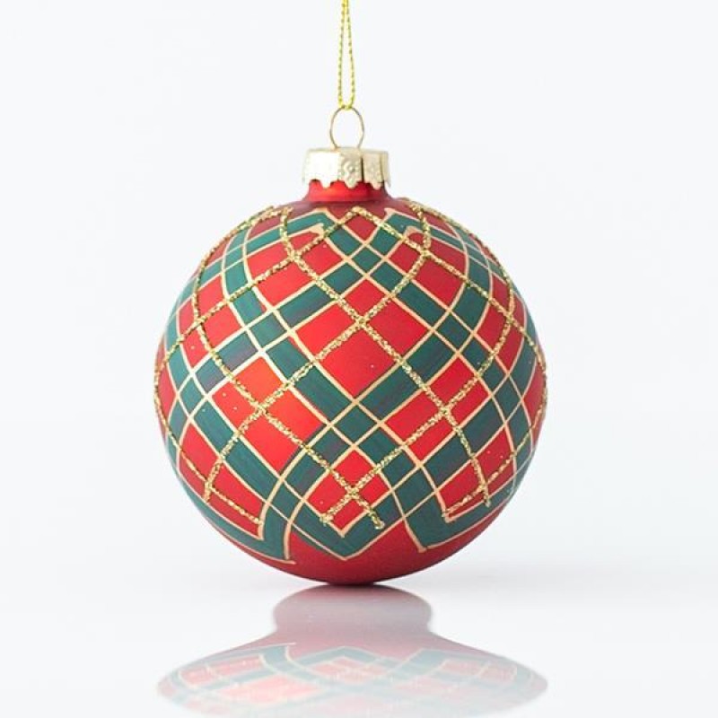 GLASS BALL, RED MATTE, WITH GREEN DESINGS AND GOLD GLITTER, SET 4PCS, 8cm 600-45075