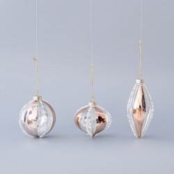 GLASS ORNAMENT, TRANSPARENT, WITH CHAMPAGNE DESIGNS AND SILVER GLITTER, 3 SHAPES, SET 4PCS, 8 AND 13cm 600-45083